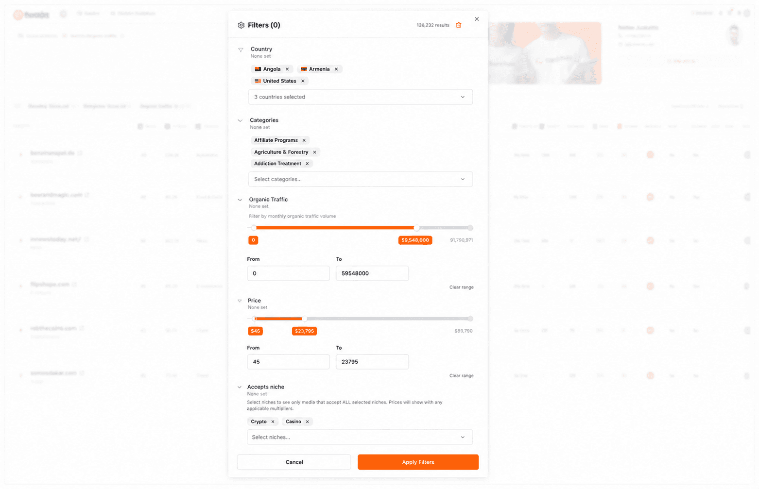 Marketplace table with filters and sortable rows